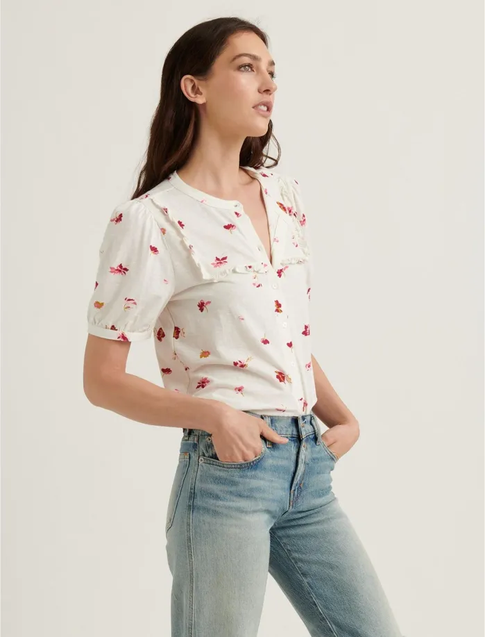 Knit Tops Women Lucky Brand Printed Ruffle Bib Short Sleeve Top White Multi