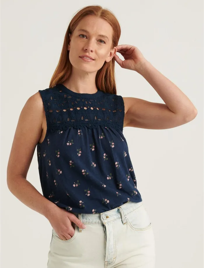 Knit Tops Women Lucky Brand Printed Shiffly Shell Top Navy Multi
