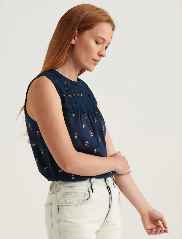 Knit Tops Women Lucky Brand Printed Shiffly Shell Top Navy Multi