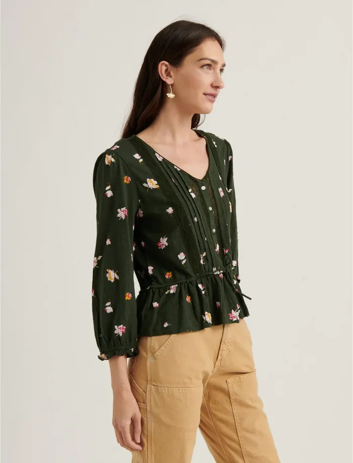 Knit Tops Women Lucky Brand Printed Tie Waist 3q Sleeve Top Olive Multi