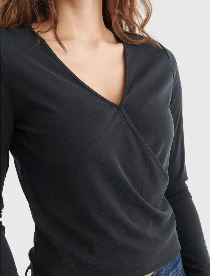 Knit Tops Women Lucky Brand Rib Surplice Ls Top Black Onyx