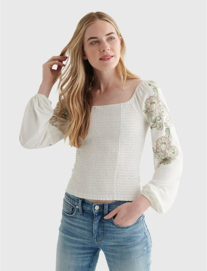 Knit Tops Women Lucky Brand Ruched Square Neck Marshmallow