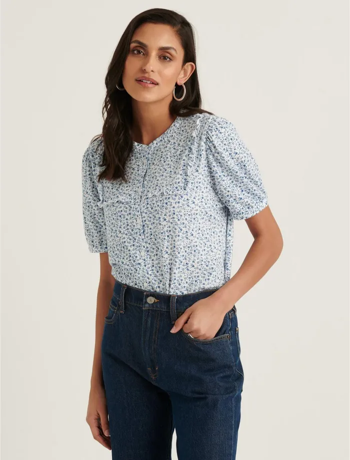 Knit Tops Women Lucky Brand Ruffle Bib Short Sleeve Top Blue Multi