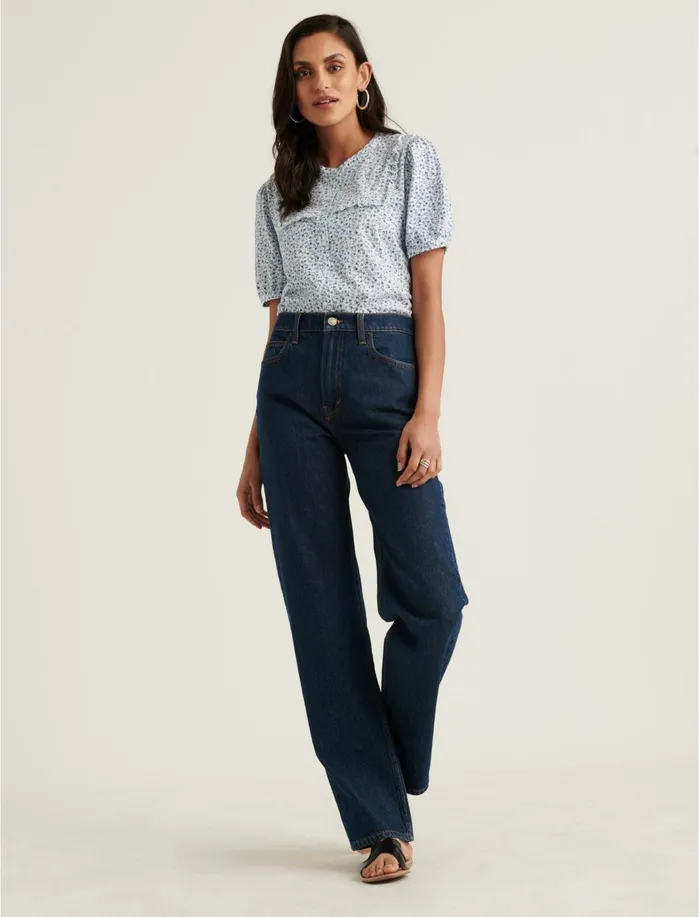 Knit Tops Women Lucky Brand Ruffle Bib Short Sleeve Top Blue Multi