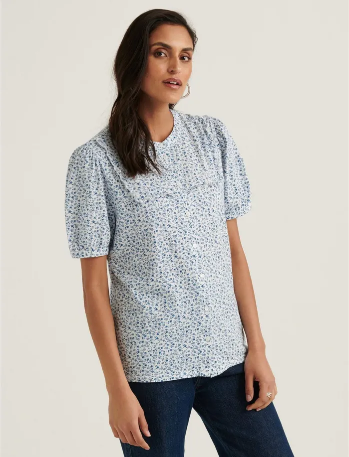 Knit Tops Women Lucky Brand Ruffle Bib Short Sleeve Top Blue Multi