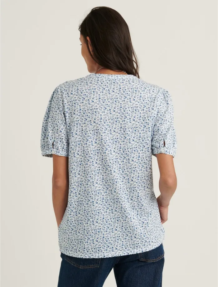 Knit Tops Women Lucky Brand Ruffle Bib Short Sleeve Top Blue Multi