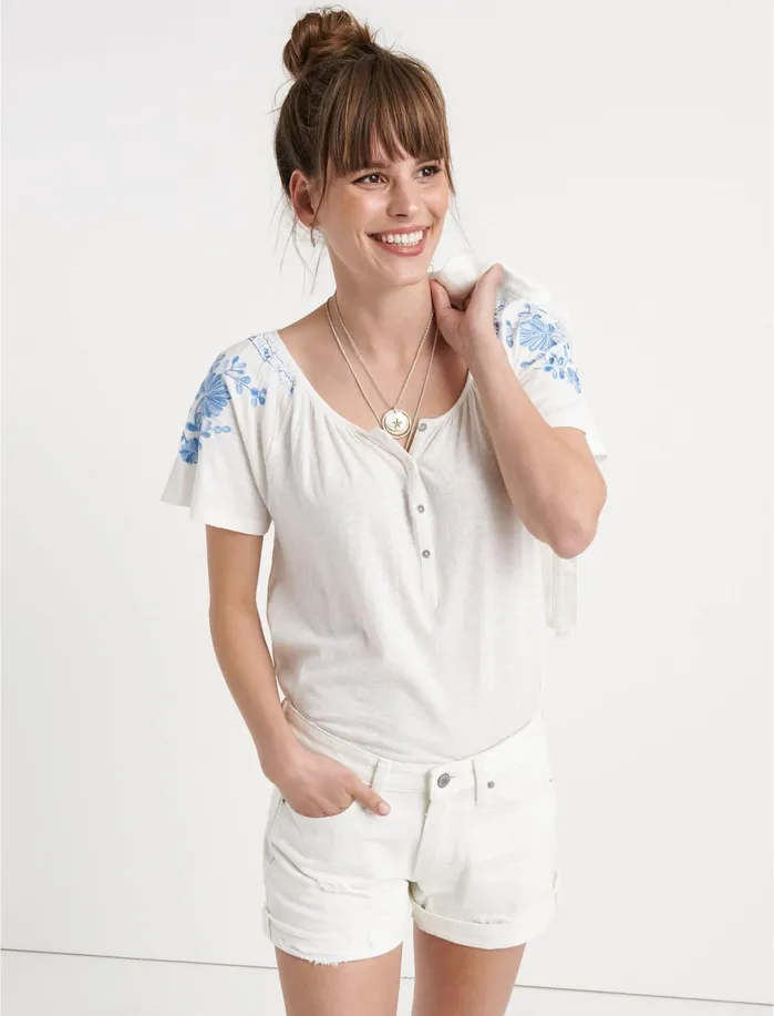 Knit Tops Women Lucky Brand Short Sleeve Embroidered Top White Multi