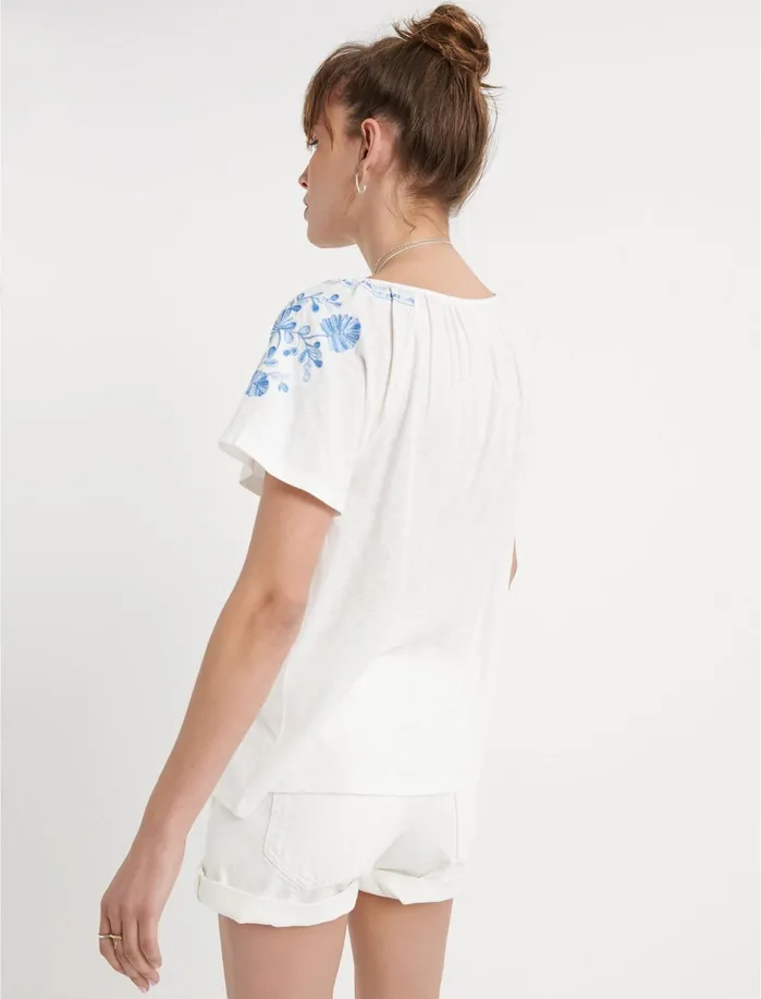 Knit Tops Women Lucky Brand Short Sleeve Embroidered Top White Multi