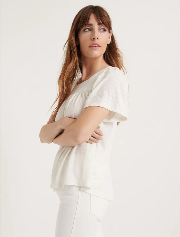 Knit Tops Women Lucky Brand Smocked Short Sleeve Top Lucky White
