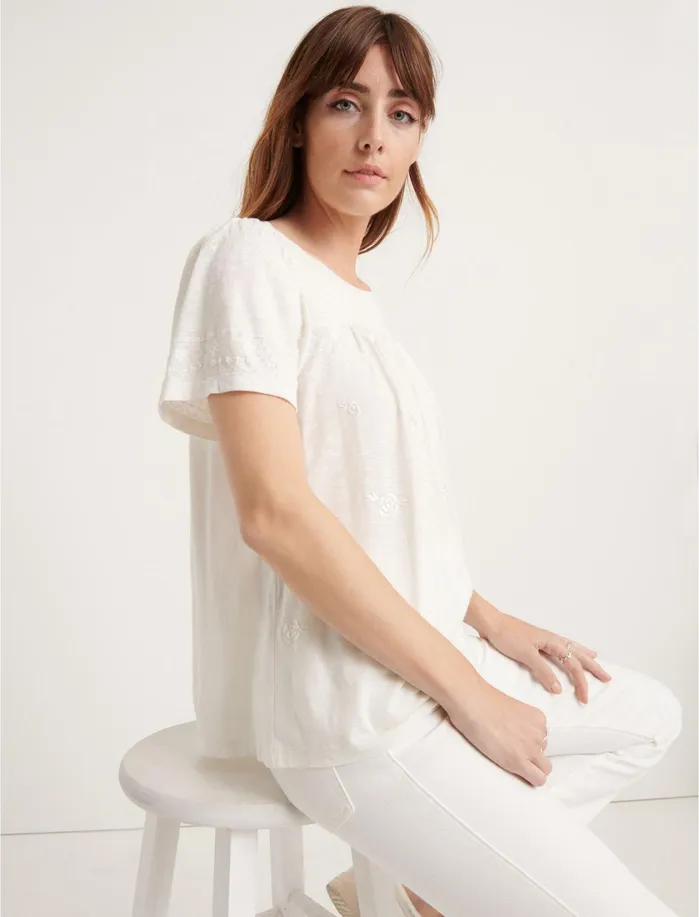 Knit Tops Women Lucky Brand Smocked Short Sleeve Top Lucky White