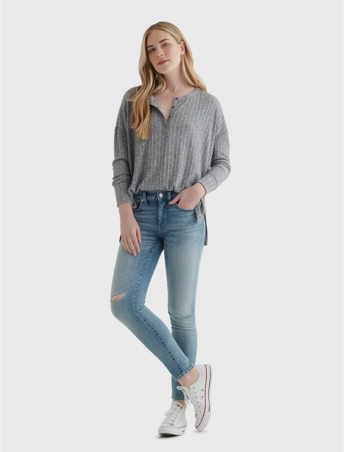 Knit Tops Women Lucky Brand The Lucky Soft Henley Medium Heather Grey