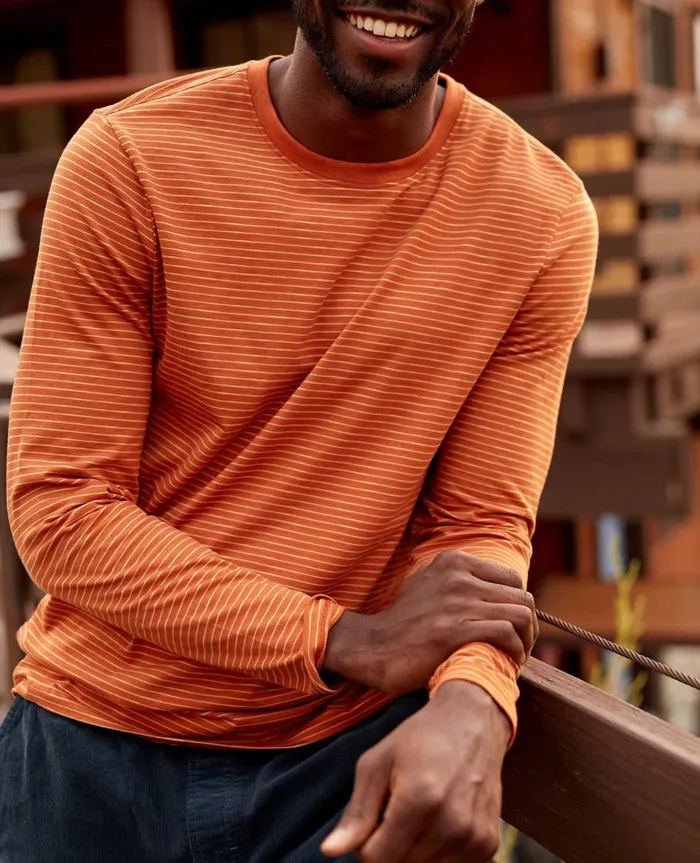 Men039s Tempo Long Sleeve Crew Rust Stripe ToadandCo Jackets and Layers