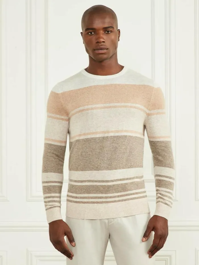 Men GUESS Hoodies and Sweaters CashmereBlend Crewneck Sweater Natural Stripes