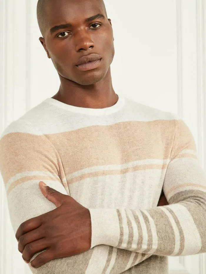 Men GUESS Hoodies and Sweaters CashmereBlend Crewneck Sweater Natural Stripes Men GUESS Hoodies and Sweaters CashmereBlend Crewneck Sweater Natural Stripes