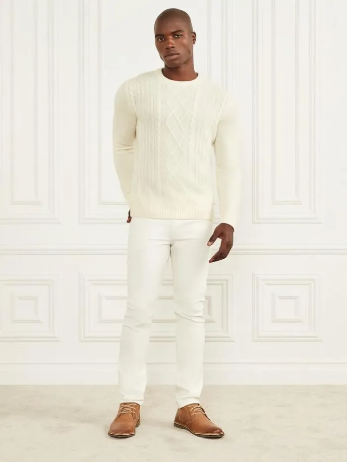 Men GUESS Hoodies and Sweaters Cashmere Crewneck Sweater Creme Brulee