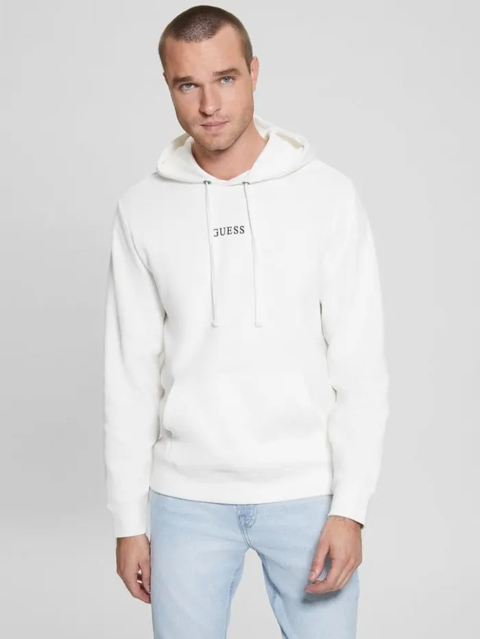 Men GUESS Hoodies and Sweaters Eco Roy Logo Hoodie Frosted White