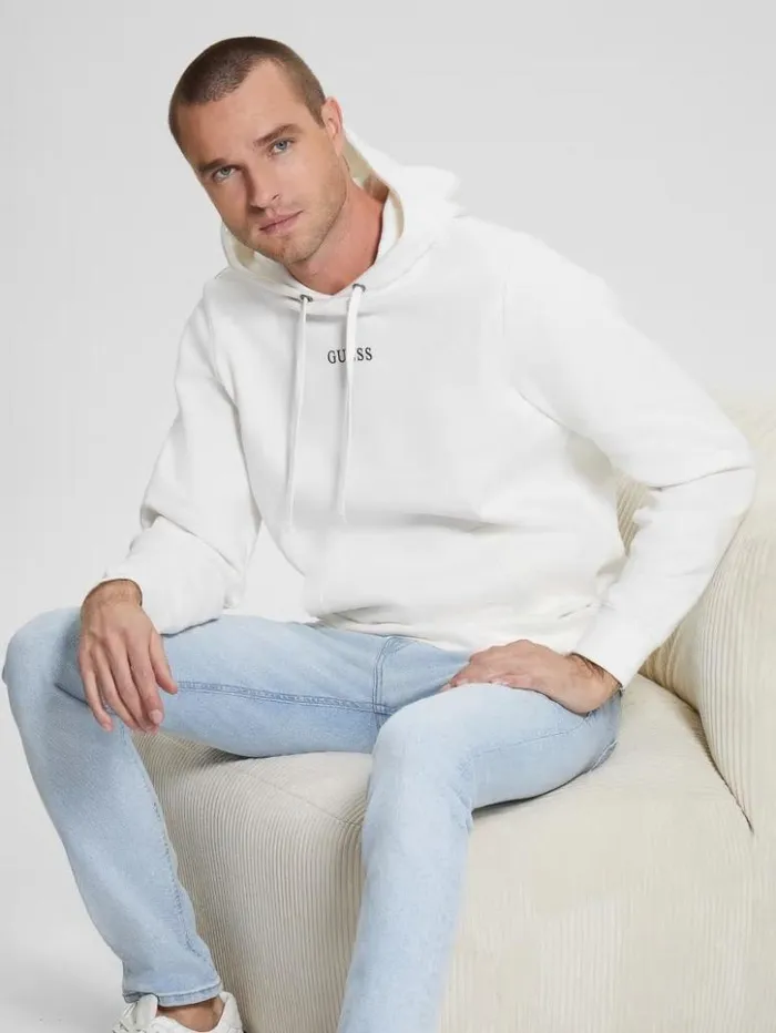 Men GUESS Hoodies and Sweaters Eco Roy Logo Hoodie Frosted White