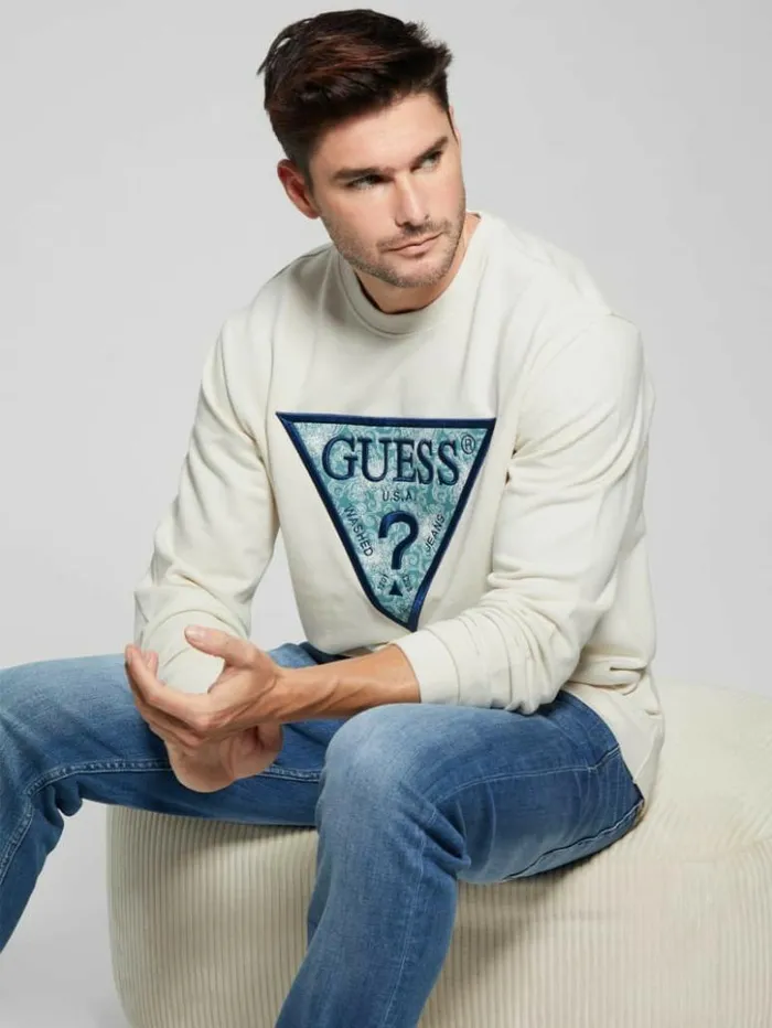 Men GUESS Hoodies and Sweaters Eco Triangle Crewneck Sweatshirt Birch Bark
