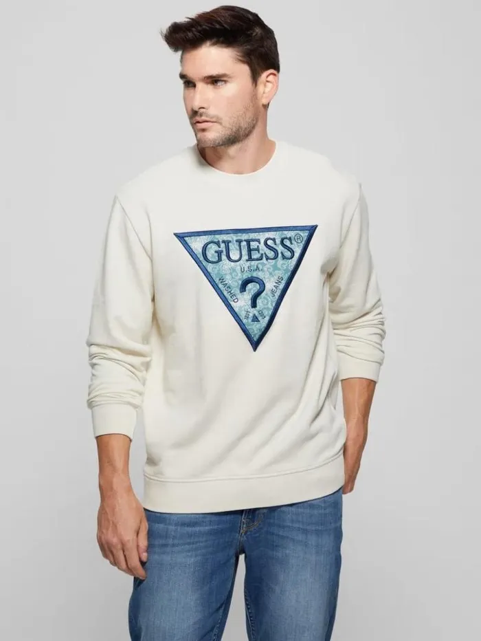Men GUESS Hoodies and Sweaters Eco Triangle Crewneck Sweatshirt Birch Bark