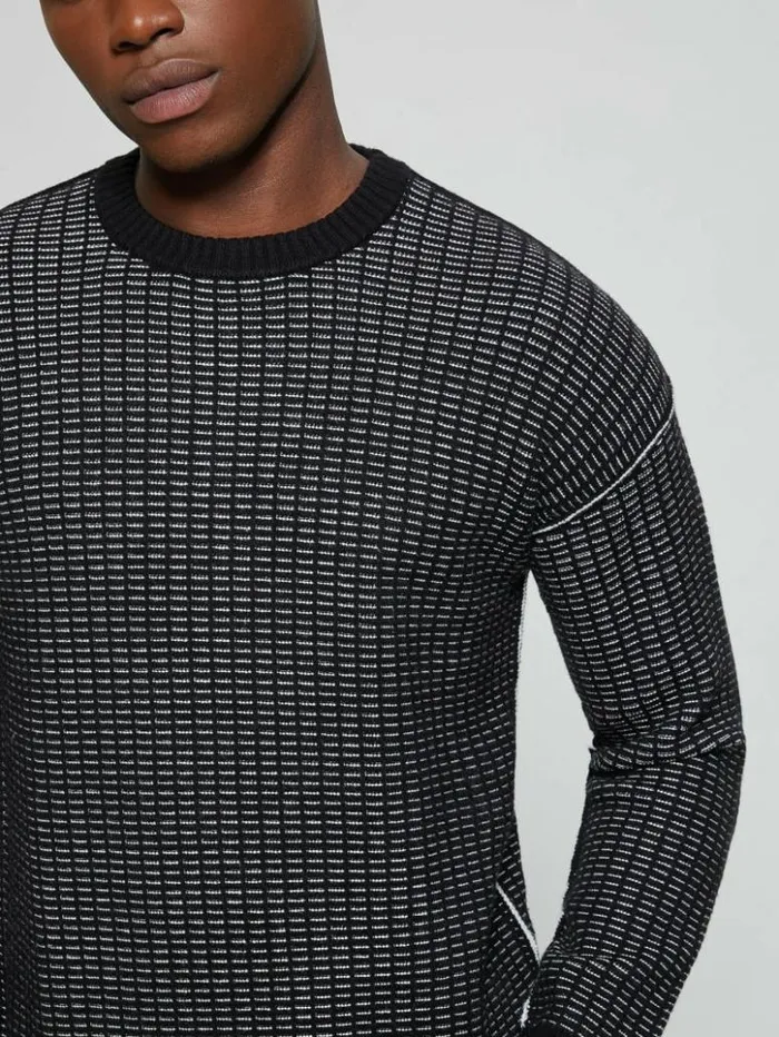 Men GUESS Hoodies and Sweaters Eco TwoTone Waffle Sweater Dove Whitejet Black Mult Men GUESS Hoodies and Sweaters Eco TwoTone Waffle Sweater Dove Whitejet Black Mult