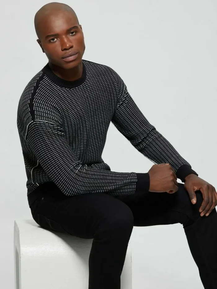 Men GUESS Hoodies and Sweaters Eco TwoTone Waffle Sweater Dove Whitejet Black Mult Men GUESS Hoodies and Sweaters Eco TwoTone Waffle Sweater Dove Whitejet Black Mult