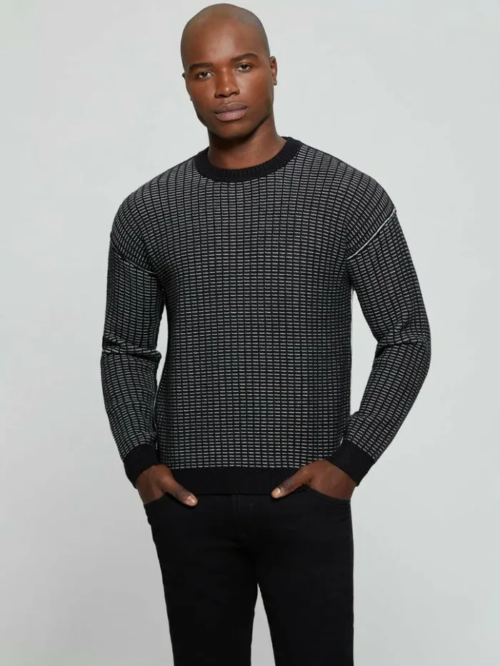 Men GUESS Hoodies and Sweaters Eco TwoTone Waffle Sweater Dove Whitejet Black Mult Men GUESS Hoodies and Sweaters Eco TwoTone Waffle Sweater Dove Whitejet Black Mult