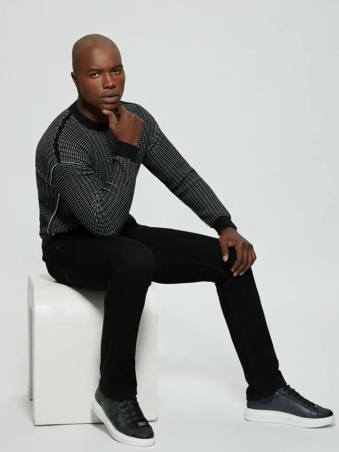 Men GUESS Hoodies and Sweaters Eco TwoTone Waffle Sweater Dove Whitejet Black Mult Men GUESS Hoodies and Sweaters Eco TwoTone Waffle Sweater Dove Whitejet Black Mult