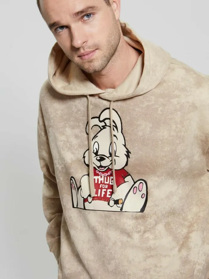 Men GUESS Hoodies and Sweaters Leon Bunny Washed Hoodie Impact Grey Multi