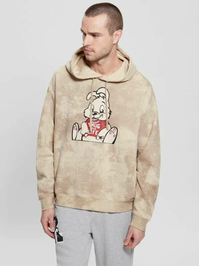 Men GUESS Hoodies and Sweaters Leon Bunny Washed Hoodie Impact Grey Multi