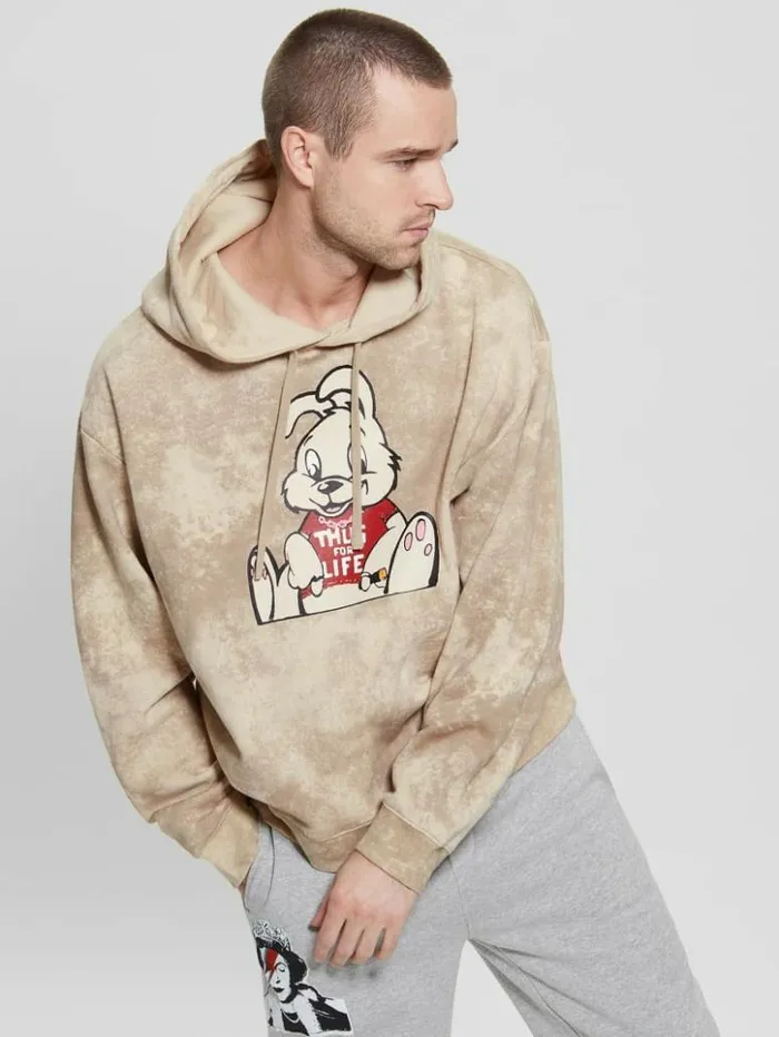Men GUESS Hoodies and Sweaters Leon Bunny Washed Hoodie Impact Grey Multi