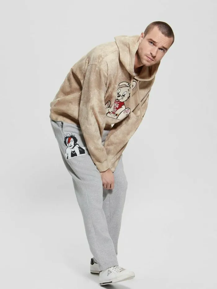Men GUESS Hoodies and Sweaters Leon Bunny Washed Hoodie Impact Grey Multi