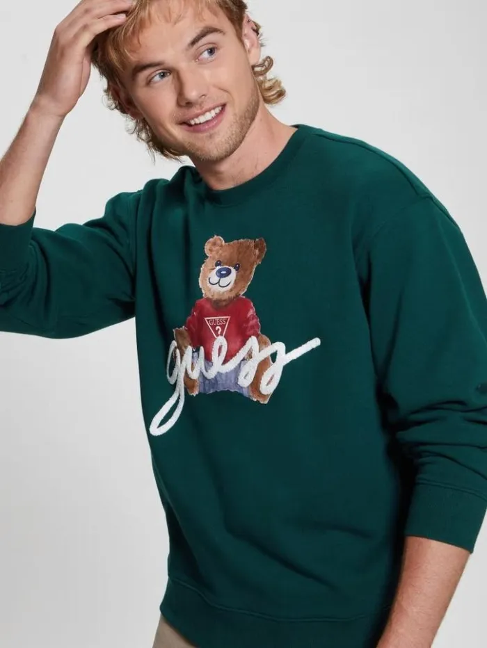 Men GUESS Hoodies and Sweaters Max Logo Bear Sweatshirt Dark Jade