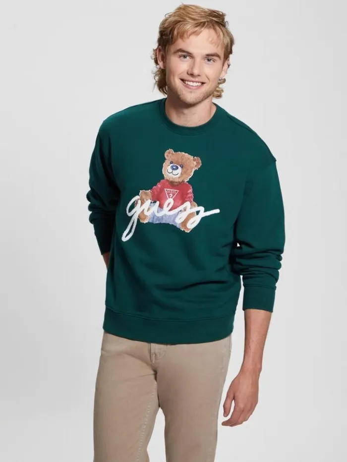 Men GUESS Hoodies and Sweaters Max Logo Bear Sweatshirt Dark Jade