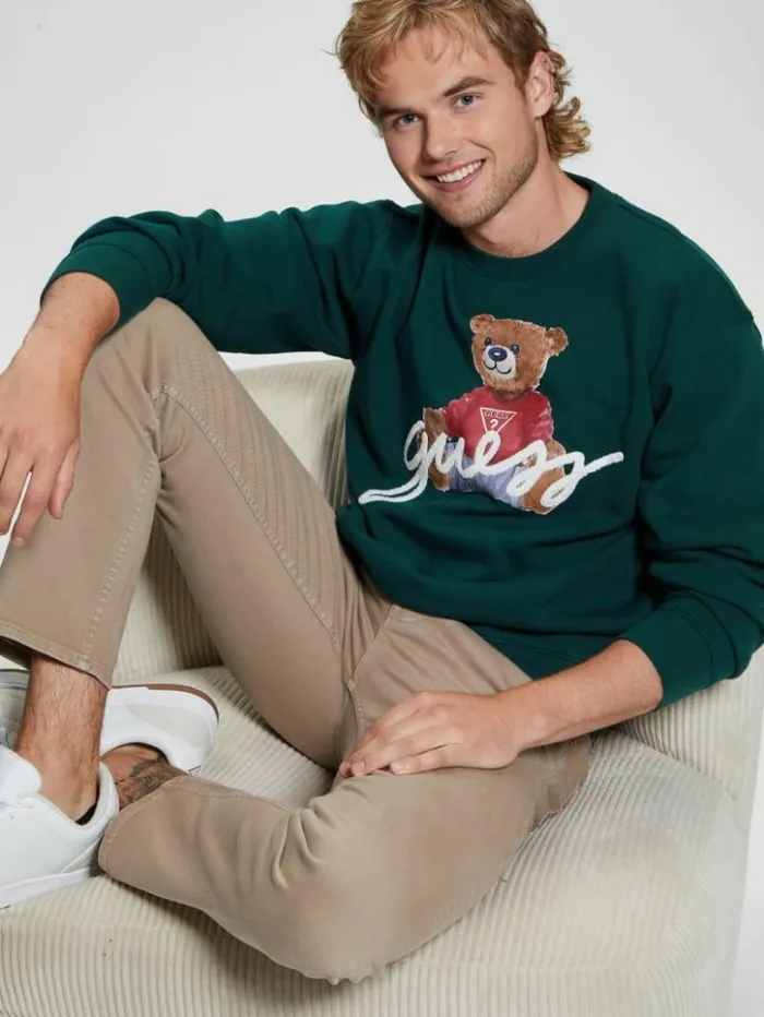 Men GUESS Hoodies and Sweaters Max Logo Bear Sweatshirt Dark Jade