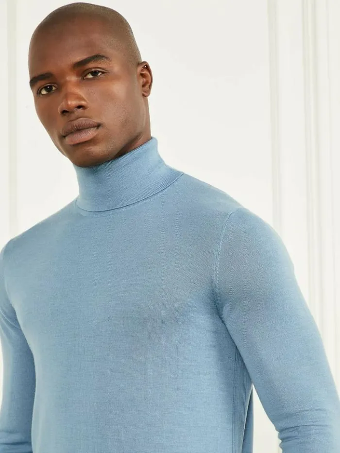 Men GUESS Hoodies and Sweaters Merino Wool Turtleneck Sweater Elite Blue