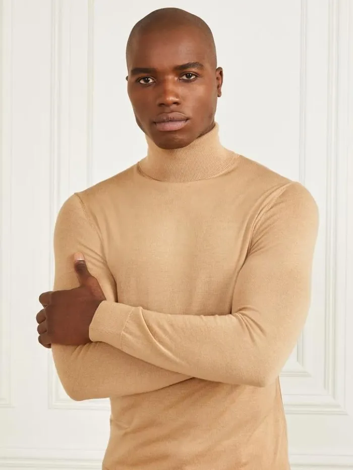 Men GUESS Hoodies and Sweaters Merino Wool Turtleneck Sweater Toasted Taupe