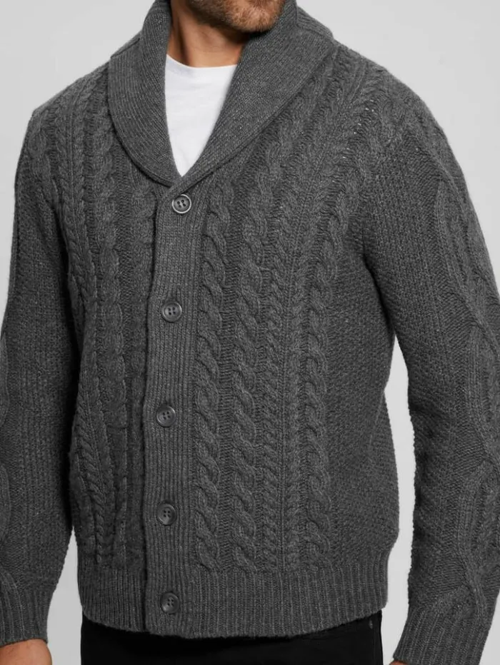 Men GUESS Hoodies and Sweaters Shane Celtic CableKnit Cardigan Dark Coal Heather Men GUESS Hoodies and Sweaters Shane Celtic CableKnit Cardigan Dark Coal Heather