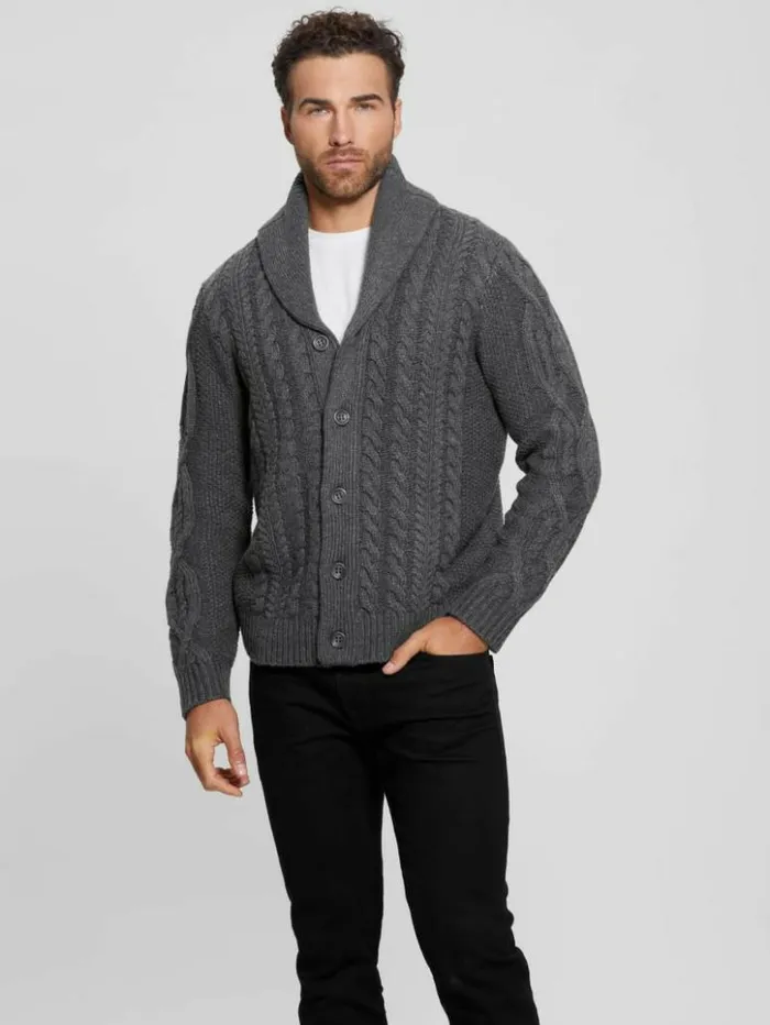 Men GUESS Hoodies and Sweaters Shane Celtic CableKnit Cardigan Dark Coal Heather Men GUESS Hoodies and Sweaters Shane Celtic CableKnit Cardigan Dark Coal Heather