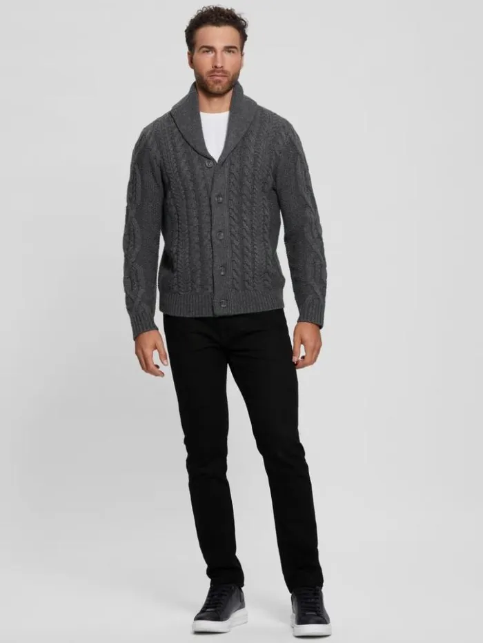 Men GUESS Hoodies and Sweaters Shane Celtic CableKnit Cardigan Dark Coal Heather Men GUESS Hoodies and Sweaters Shane Celtic CableKnit Cardigan Dark Coal Heather