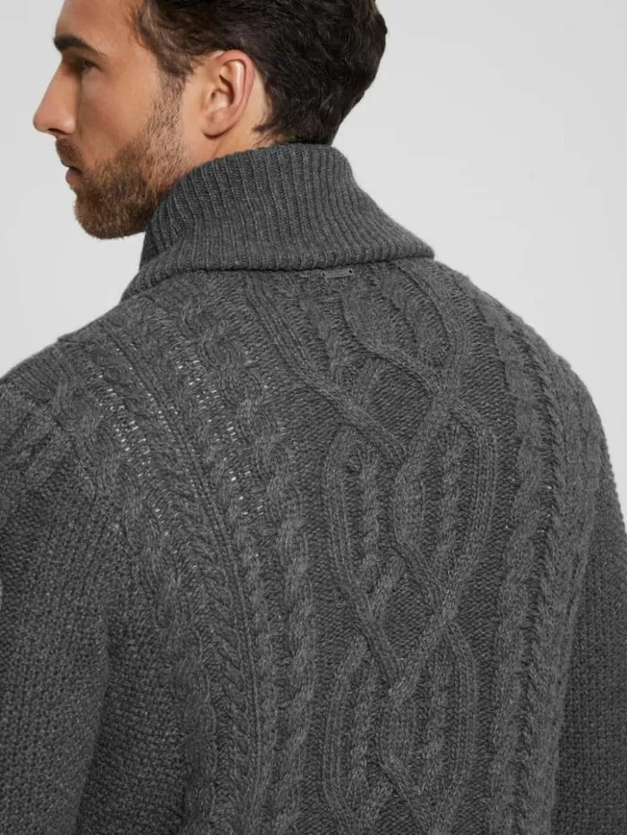 Men GUESS Hoodies and Sweaters Shane Celtic CableKnit Cardigan Dark Coal Heather Men GUESS Hoodies and Sweaters Shane Celtic CableKnit Cardigan Dark Coal Heather