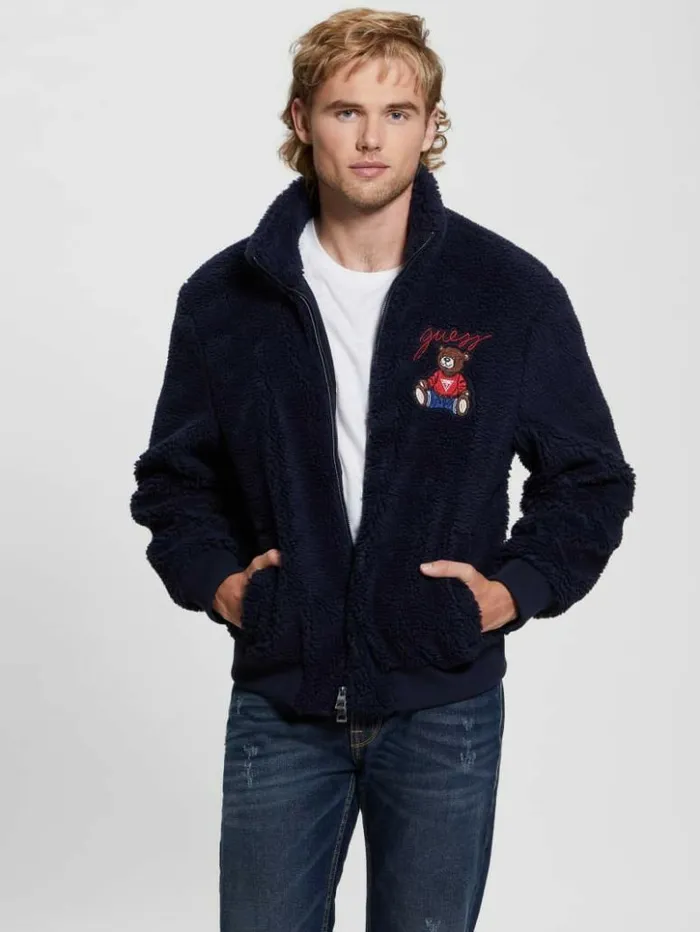 Men GUESS Jackets and Coats Bear Sherpa Jacket Bleu lgant