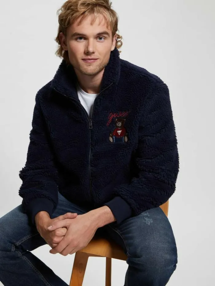 Men GUESS Jackets and Coats Bear Sherpa Jacket Bleu lgant