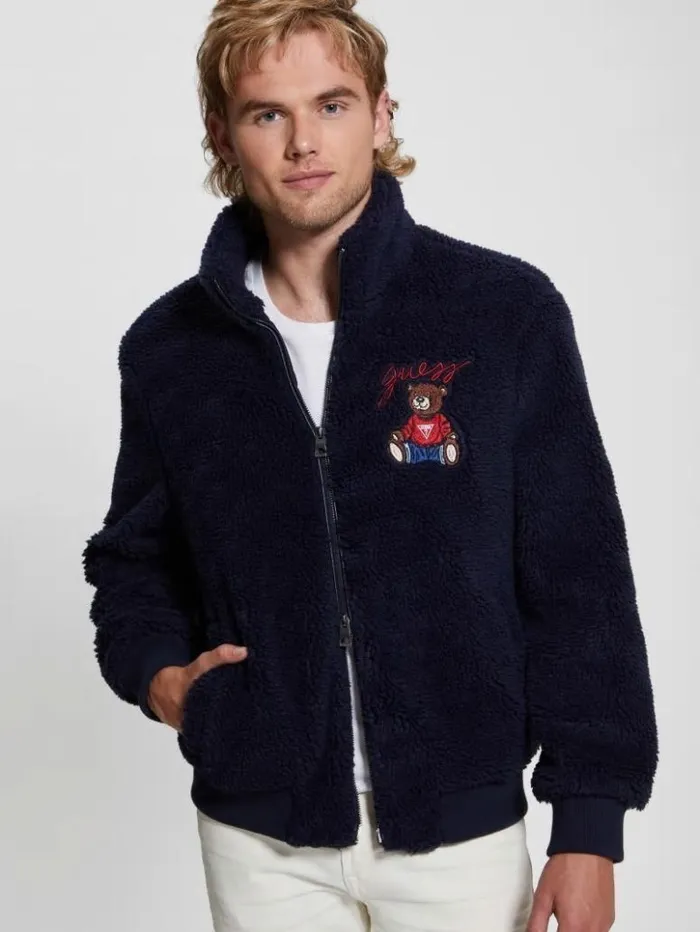 Men GUESS Jackets and Coats Bear Sherpa Jacket Bleu lgant