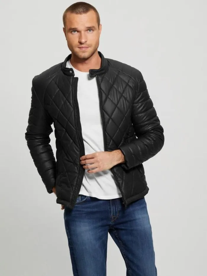Men GUESS Jackets and Coats Diamond Quilted FauxLeather Jacket Black