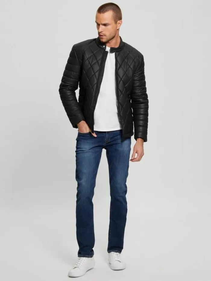 Men GUESS Jackets and Coats Diamond Quilted FauxLeather Jacket Black