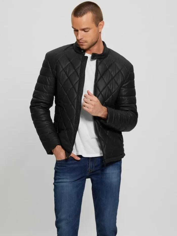 Men GUESS Jackets and Coats Diamond Quilted FauxLeather Jacket Black