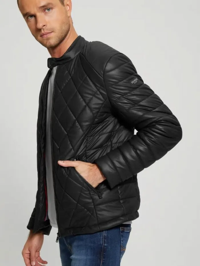 Men GUESS Jackets and Coats Diamond Quilted FauxLeather Jacket Black