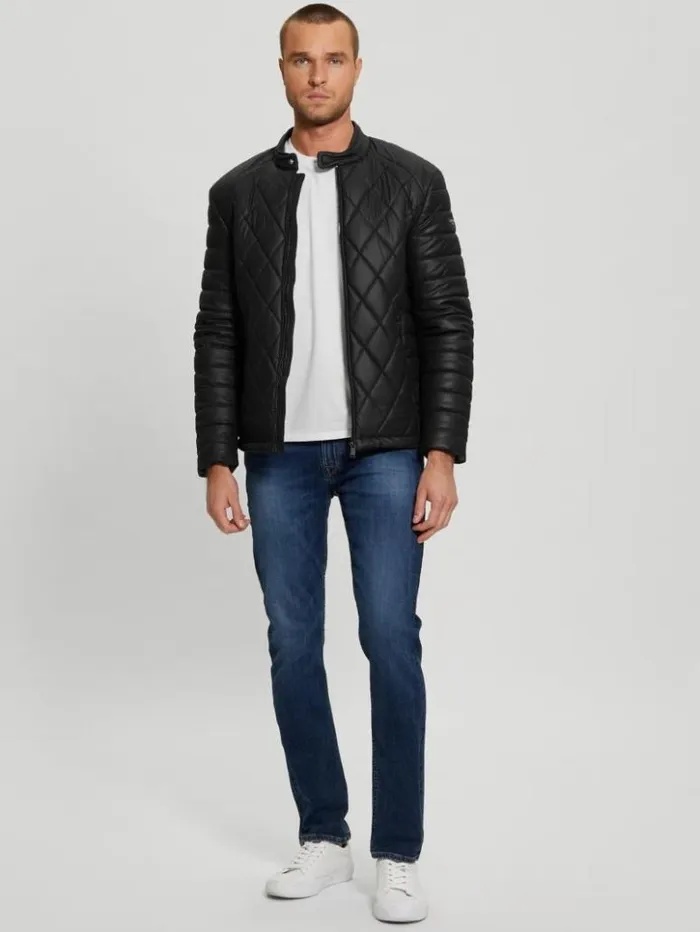 Men GUESS Jackets and Coats Diamond Quilted FauxLeather Jacket Black