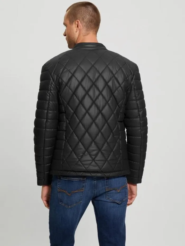 Men GUESS Jackets and Coats Diamond Quilted FauxLeather Jacket Black