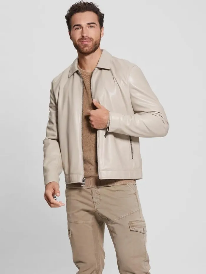 Men GUESS Jackets and Coats District FauxLeather Zip Jacket Pasadena Stone Multi Men GUESS Jackets and Coats District FauxLeather Zip Jacket Pasadena Stone Multi
